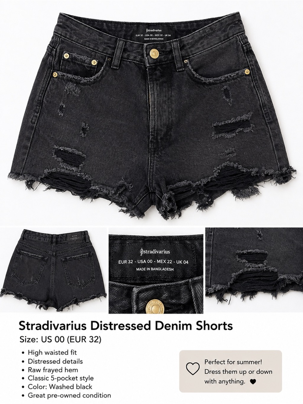 Stradivarius Washed Black Distressed High-Waist Jean Shorts